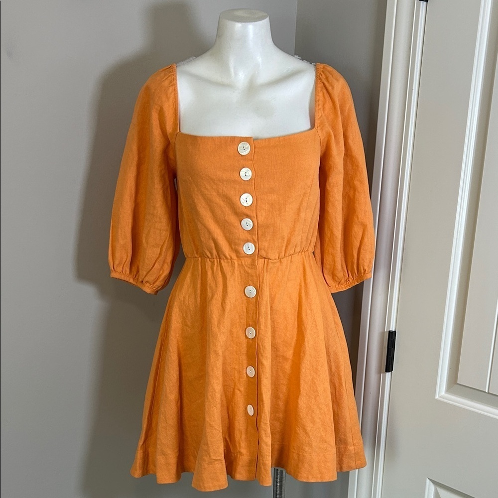 S/W/F Orange Button Front Midi Dress Short Sleeves Ruched Back Sz S
